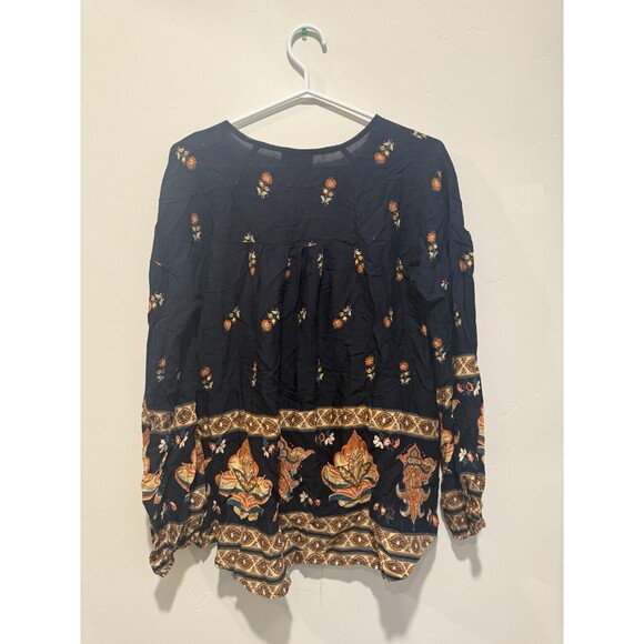 Navy Blue Tribal Ethnic Border Print Surplice VNeck Wrap High Low Blouse Top S - Picture 4 of 5